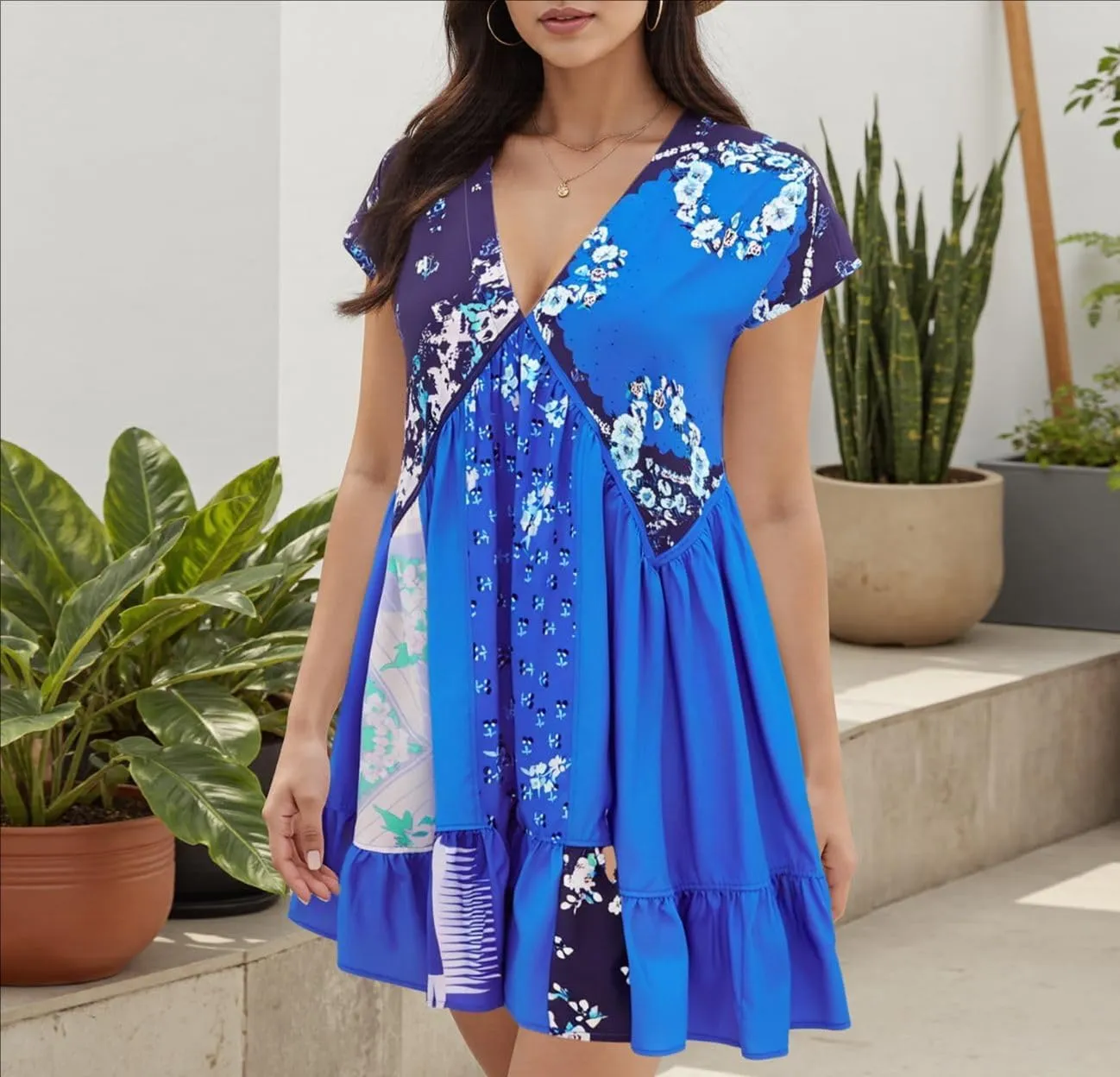 Melliflo Women's Floral Print Bohemian Mini Dress V-Neck Short Sleeve Ruffle Hem Y2k Summer Casual Beach Dress