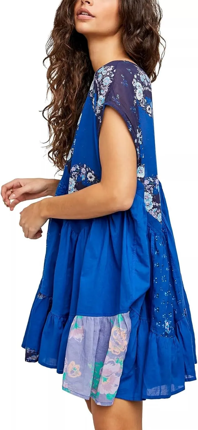 Melliflo Women's Floral Print Bohemian Mini Dress V-Neck Short Sleeve Ruffle Hem Y2k Summer Casual Beach Dress