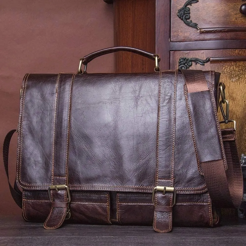 Men Genuine Leather Briefcase Business Bag Leather Laptop Bag Office Bag Briefcase (Color : Brown, Size : 37x8x28cm.)
