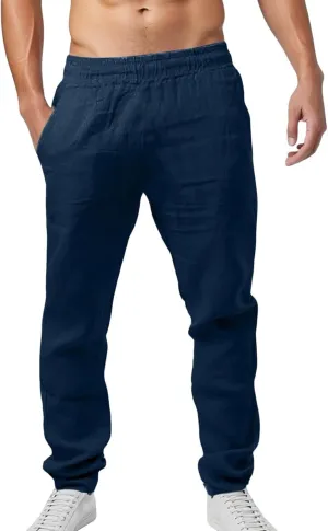 Men Linen Pants Solid Causal Pant Outdoor Vacation Beach Trousers Lightweight Open Bottom Waist Slacks for Summer