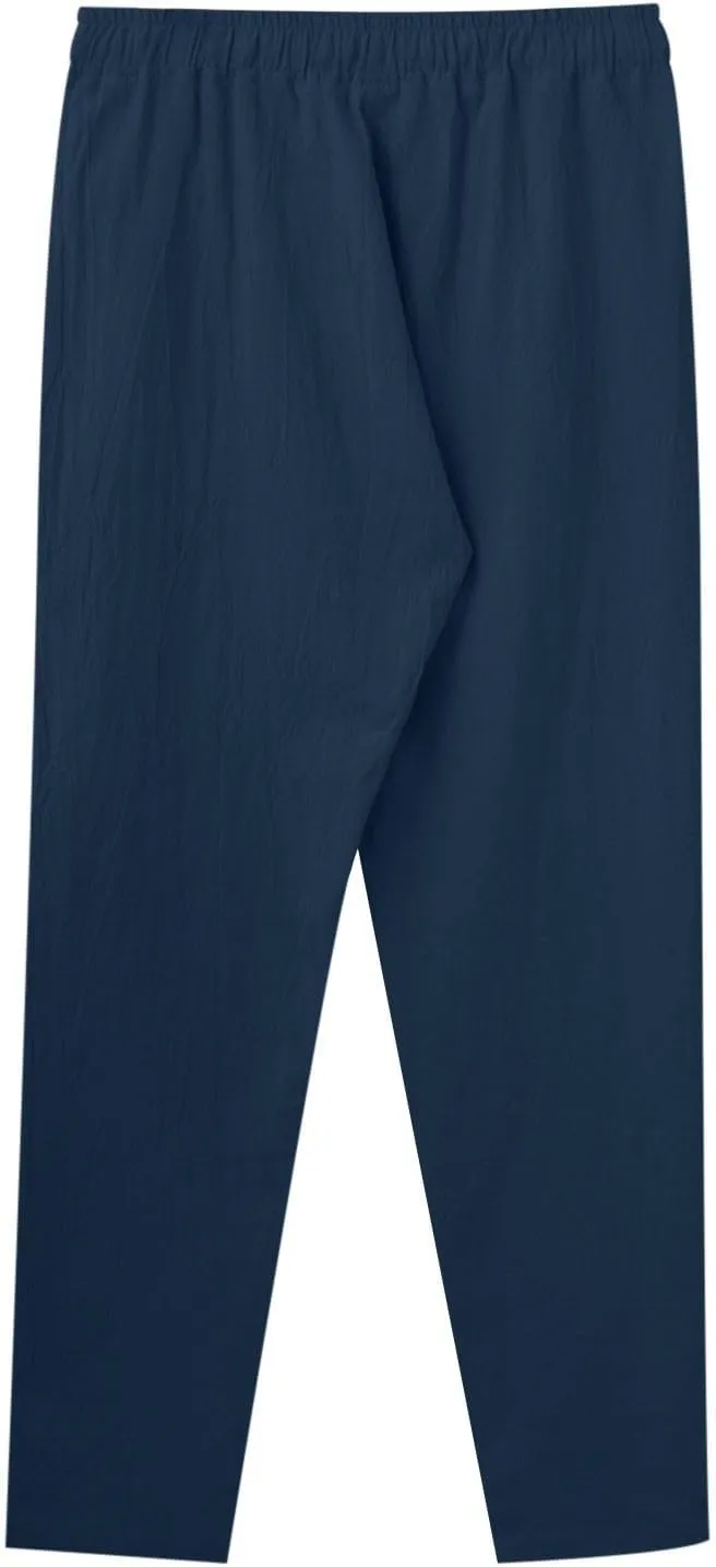 Men Linen Pants Solid Causal Pant Outdoor Vacation Beach Trousers Lightweight Open Bottom Waist Slacks for Summer