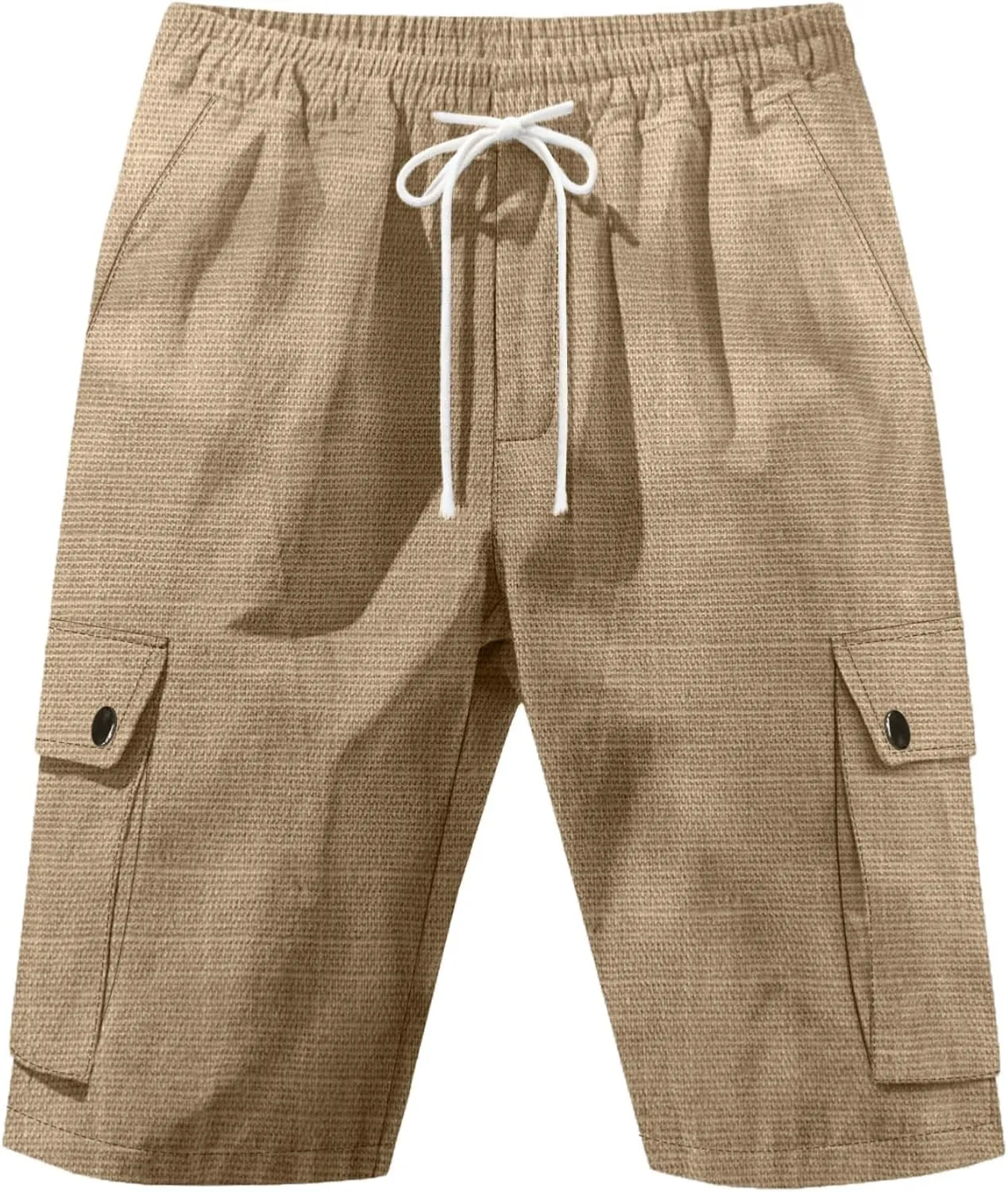 Men Linen Shorts Casual Summer Elastic Waist Drawstring Cargo Pants Solid Color Straight Beach Pants Multi Pockets