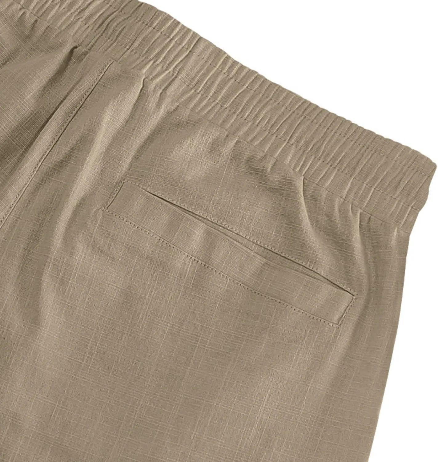 Men Linen Shorts Casual Summer Elastic Waist Drawstring Cargo Pants Solid Color Straight Beach Pants Multi Pockets