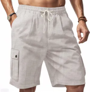Men Linen Shorts Casual Summer Elastic Waist Drawstring Cargo Pants Solid Color Straight Beach Pants Multi Pockets