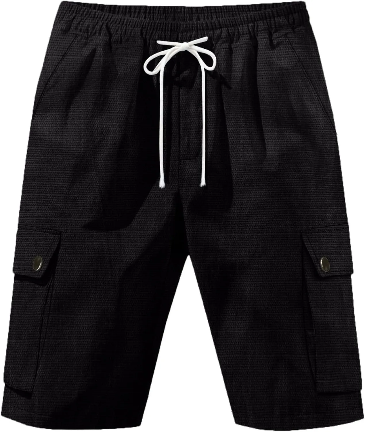Men Linen Shorts Casual Summer Elastic Waist Drawstring Cargo Pants Solid Color Straight Beach Pants Multi Pockets