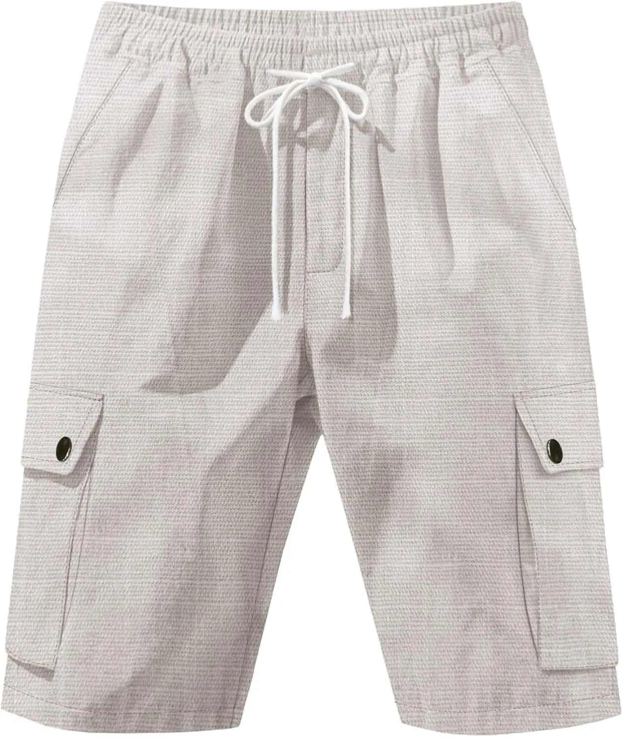 Men Linen Shorts Casual Summer Elastic Waist Drawstring Cargo Pants Solid Color Straight Beach Pants Multi Pockets