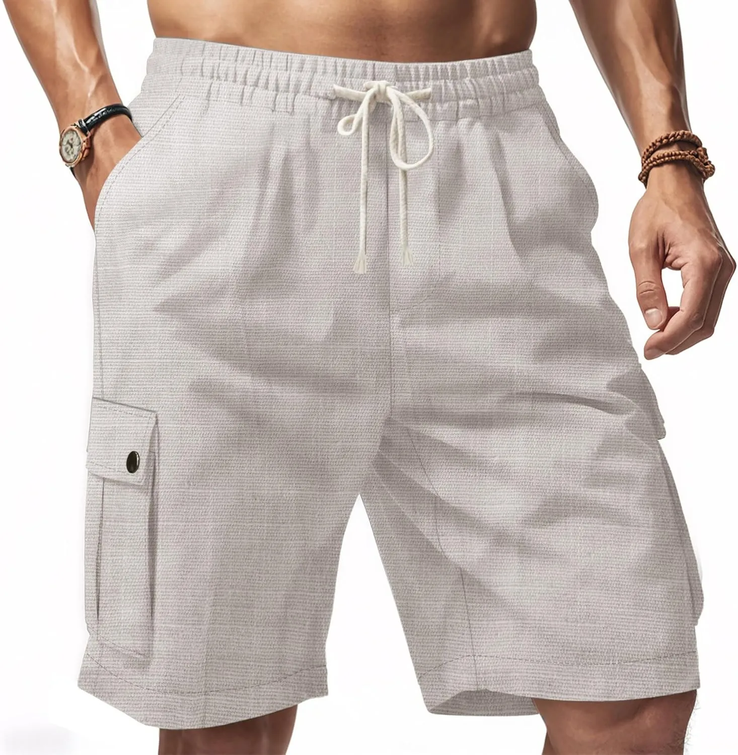 Men Linen Shorts Casual Summer Elastic Waist Drawstring Cargo Pants Solid Color Straight Beach Pants Multi Pockets