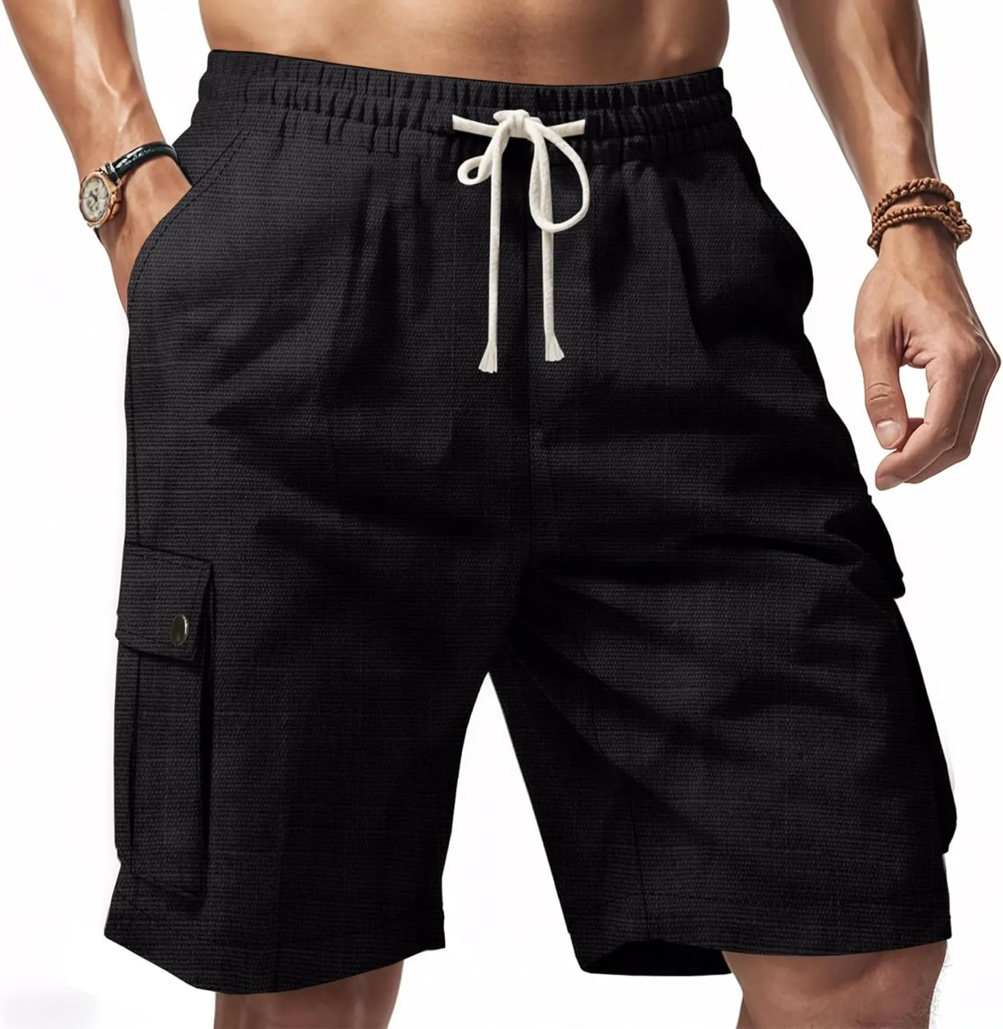 Men Linen Shorts Casual Summer Elastic Waist Drawstring Cargo Pants Solid Color Straight Beach Pants Multi Pockets