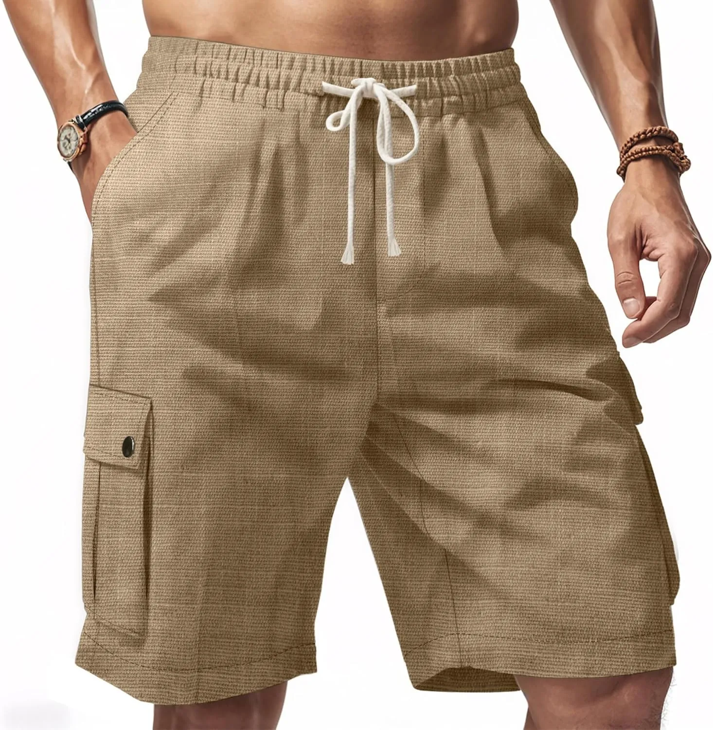 Men Linen Shorts Casual Summer Elastic Waist Drawstring Cargo Pants Solid Color Straight Beach Pants Multi Pockets