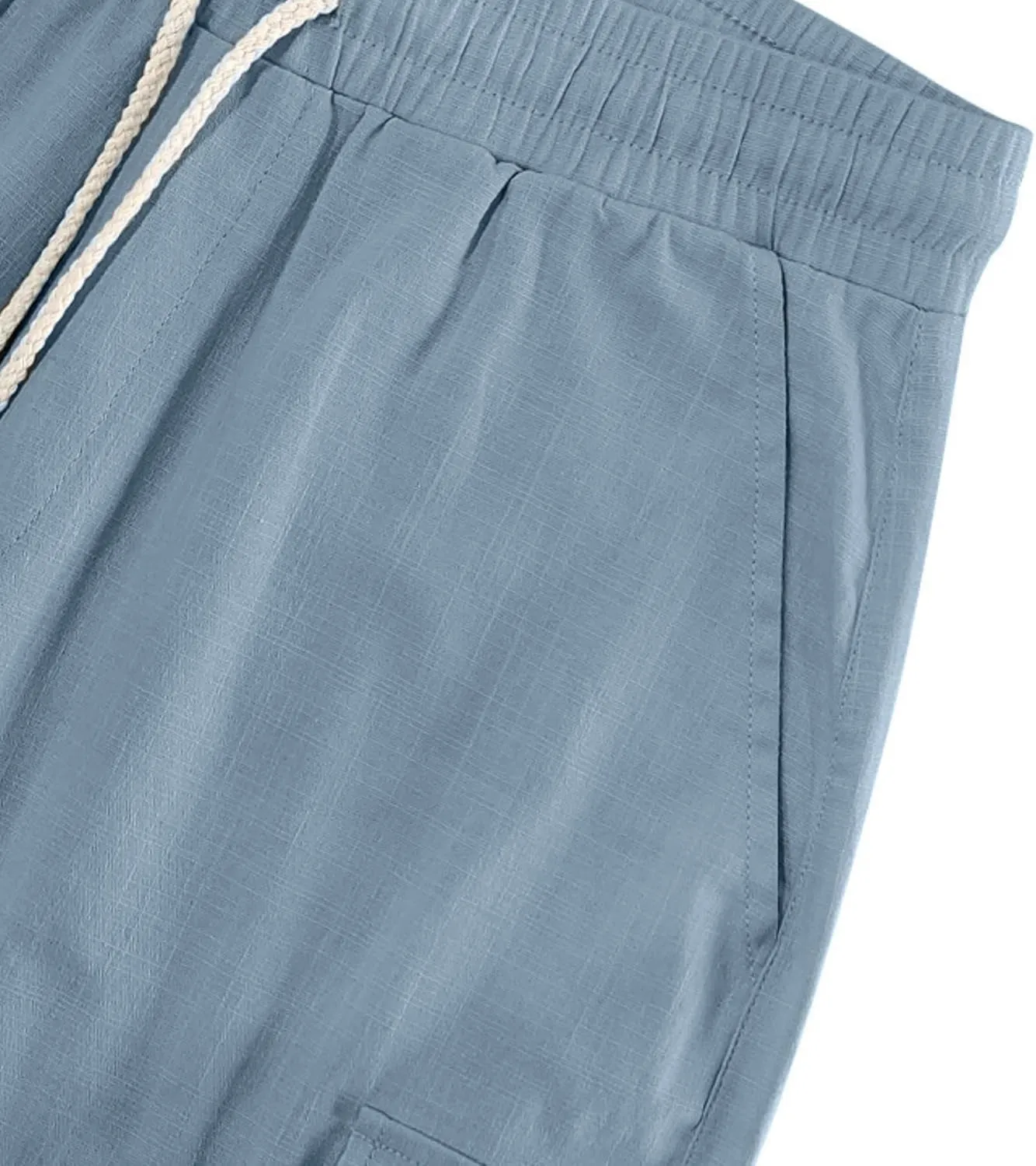 Men Linen Shorts Casual Summer Elastic Waist Drawstring Cargo Pants Solid Color Straight Beach Pants Multi Pockets