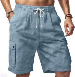 Men Linen Shorts Casual Summer Elastic Waist Drawstring Cargo Pants Solid Color Straight Beach Pants Multi Pockets