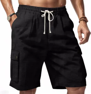 Men Linen Shorts Casual Summer Elastic Waist Drawstring Cargo Pants Solid Color Straight Beach Pants Multi Pockets