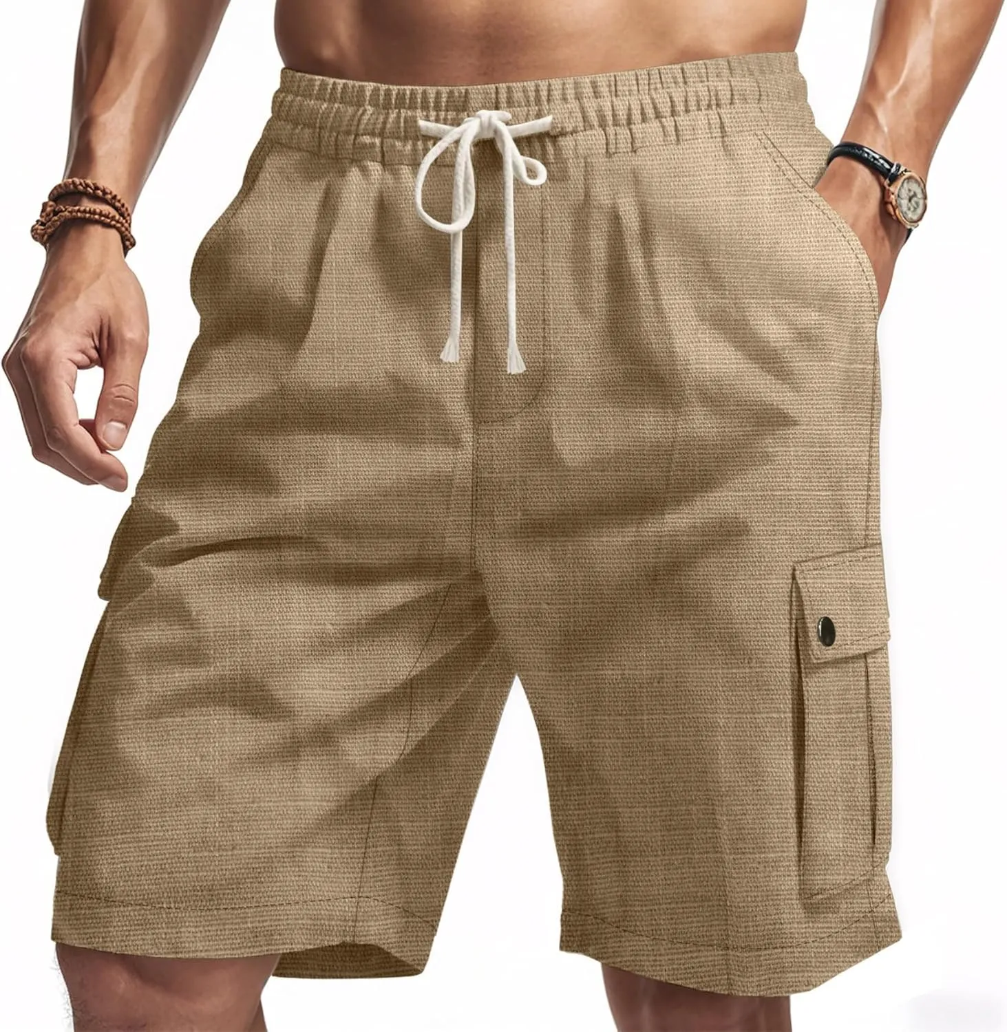 Men Linen Shorts Casual Summer Elastic Waist Drawstring Cargo Pants Solid Color Straight Beach Pants Multi Pockets