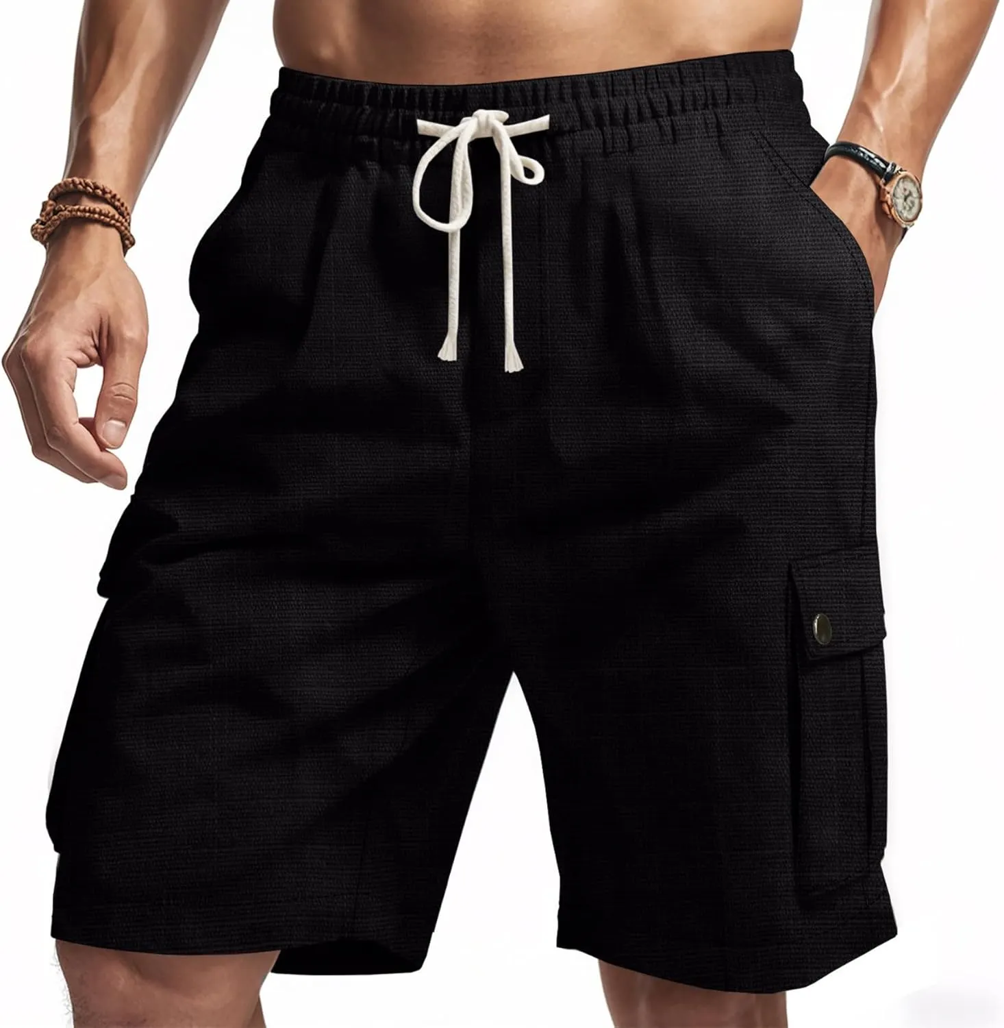 Men Linen Shorts Casual Summer Elastic Waist Drawstring Cargo Pants Solid Color Straight Beach Pants Multi Pockets