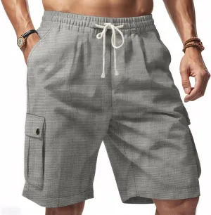 Men Linen Shorts Casual Summer Elastic Waist Drawstring Cargo Pants Solid Color Straight Beach Pants Multi Pockets