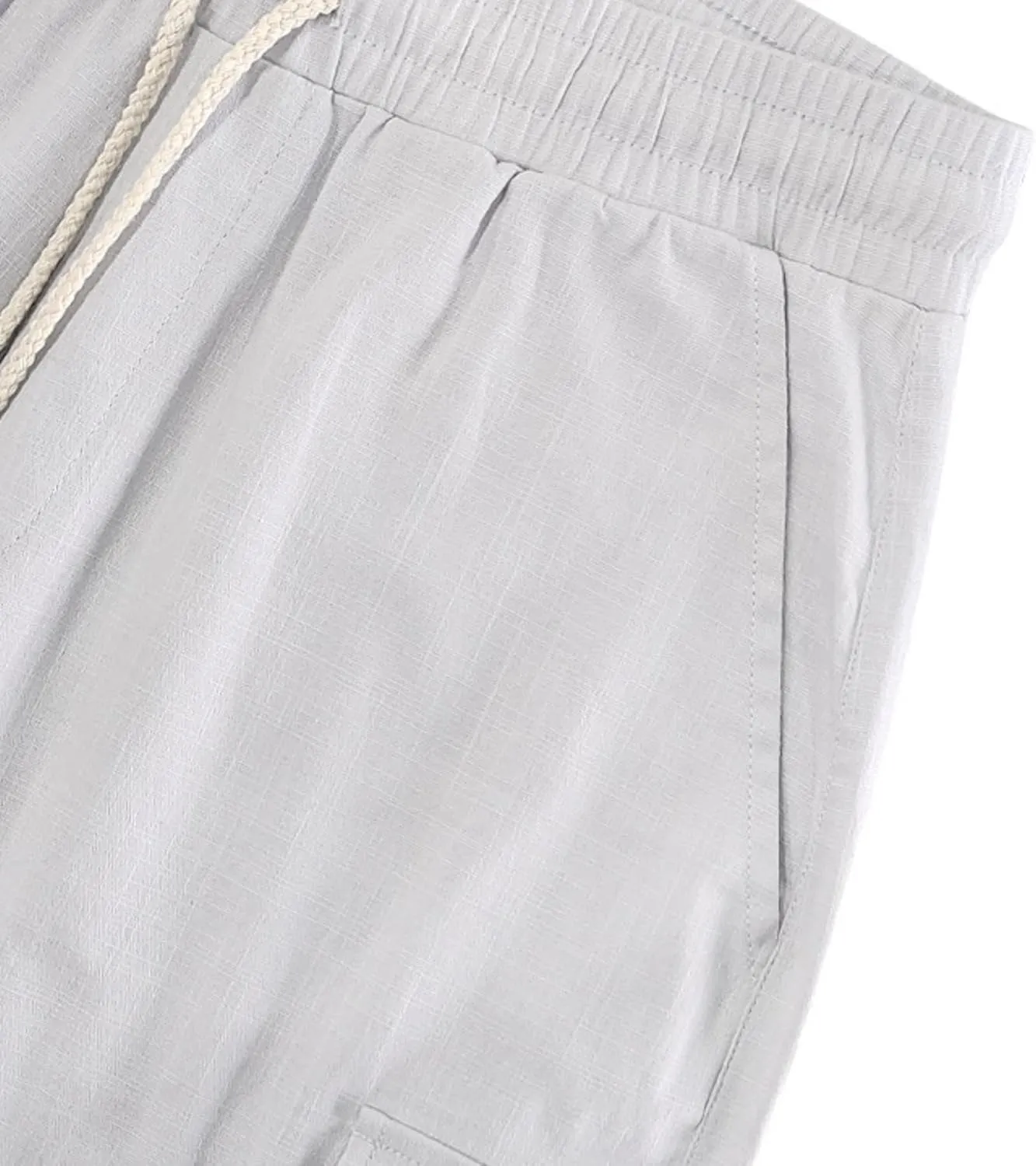 Men Linen Shorts Casual Summer Elastic Waist Drawstring Cargo Pants Solid Color Straight Beach Pants Multi Pockets