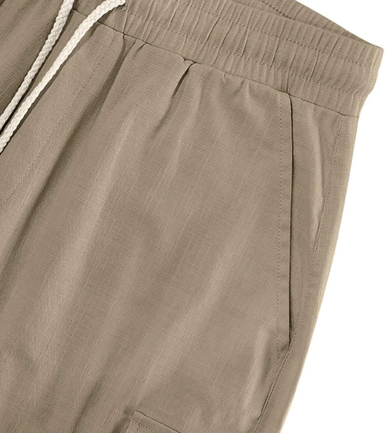 Men Linen Shorts Casual Summer Elastic Waist Drawstring Cargo Pants Solid Color Straight Beach Pants Multi Pockets