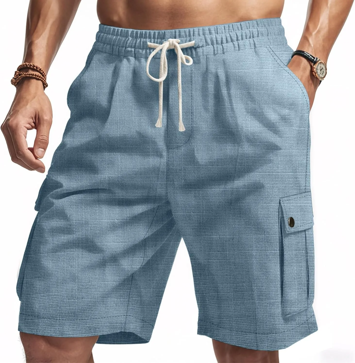 Men Linen Shorts Casual Summer Elastic Waist Drawstring Cargo Pants Solid Color Straight Beach Pants Multi Pockets