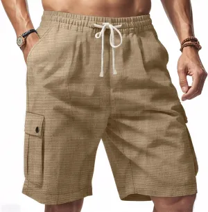 Men Linen Shorts Casual Summer Elastic Waist Drawstring Cargo Pants Solid Color Straight Beach Pants Multi Pockets