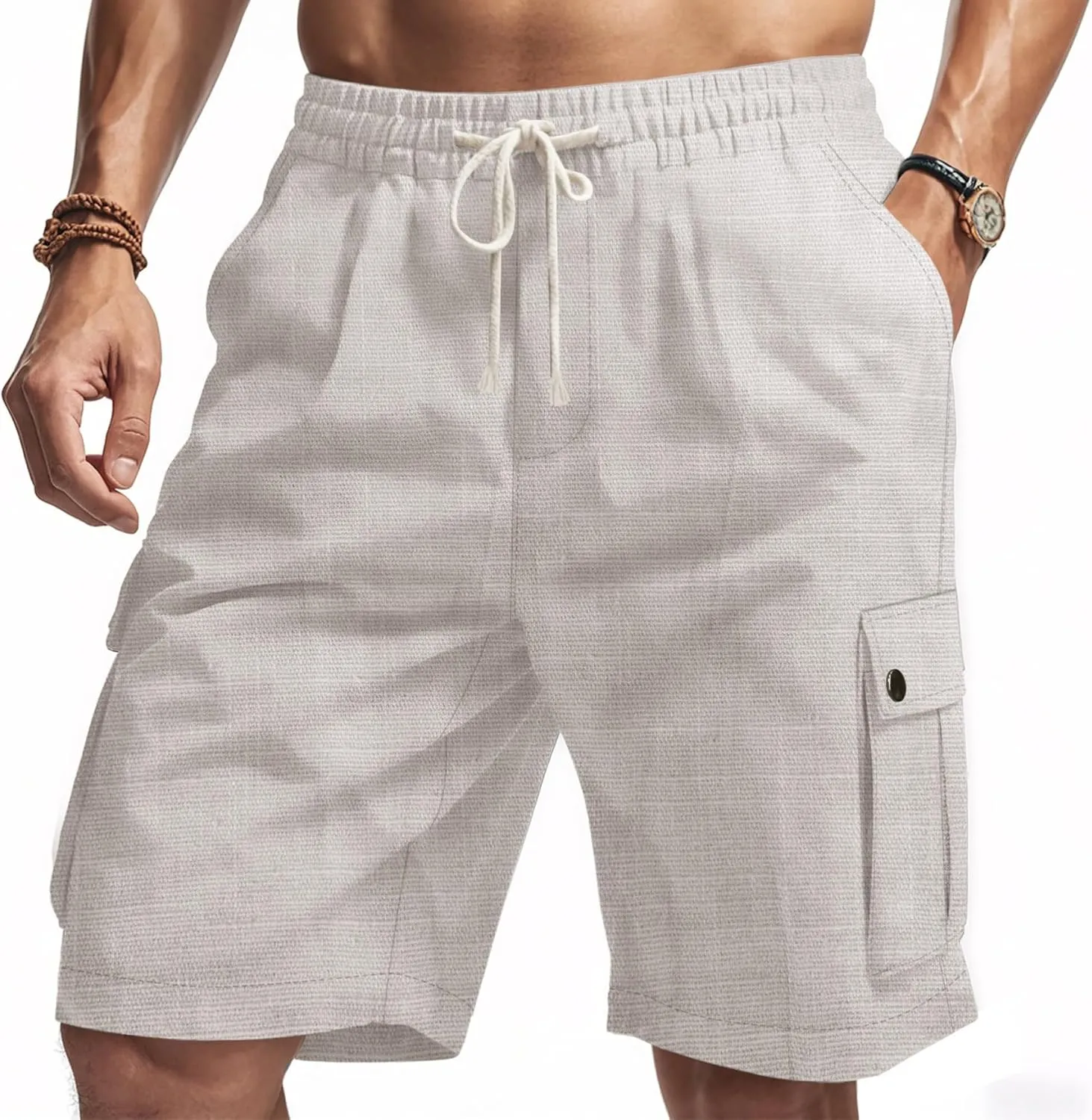 Men Linen Shorts Casual Summer Elastic Waist Drawstring Cargo Pants Solid Color Straight Beach Pants Multi Pockets