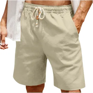 Men Linen Shorts Elastic Waist Drawstring Cotton Linen Shorts with Pockets Loose Fit Outdoor Summer Beach Shorts