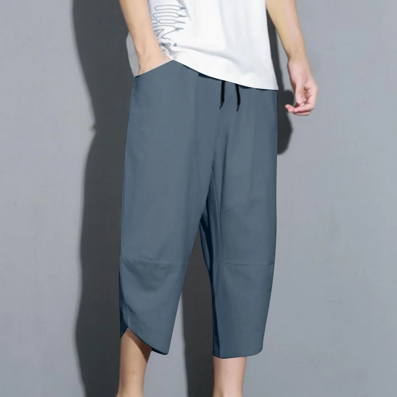 Mens Capri Pants with Pockets Harem Loose Fit Elastic Waist Wide Leg Pants Lightweight Yoga Beach Cropped for Summer