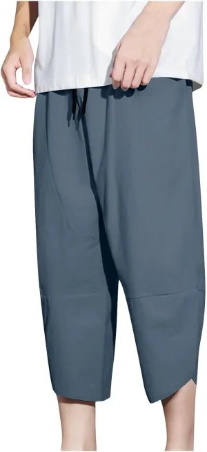 Mens Capri Pants with Pockets Harem Loose Fit Elastic Waist Wide Leg Pants Lightweight Yoga Beach Cropped for Summer