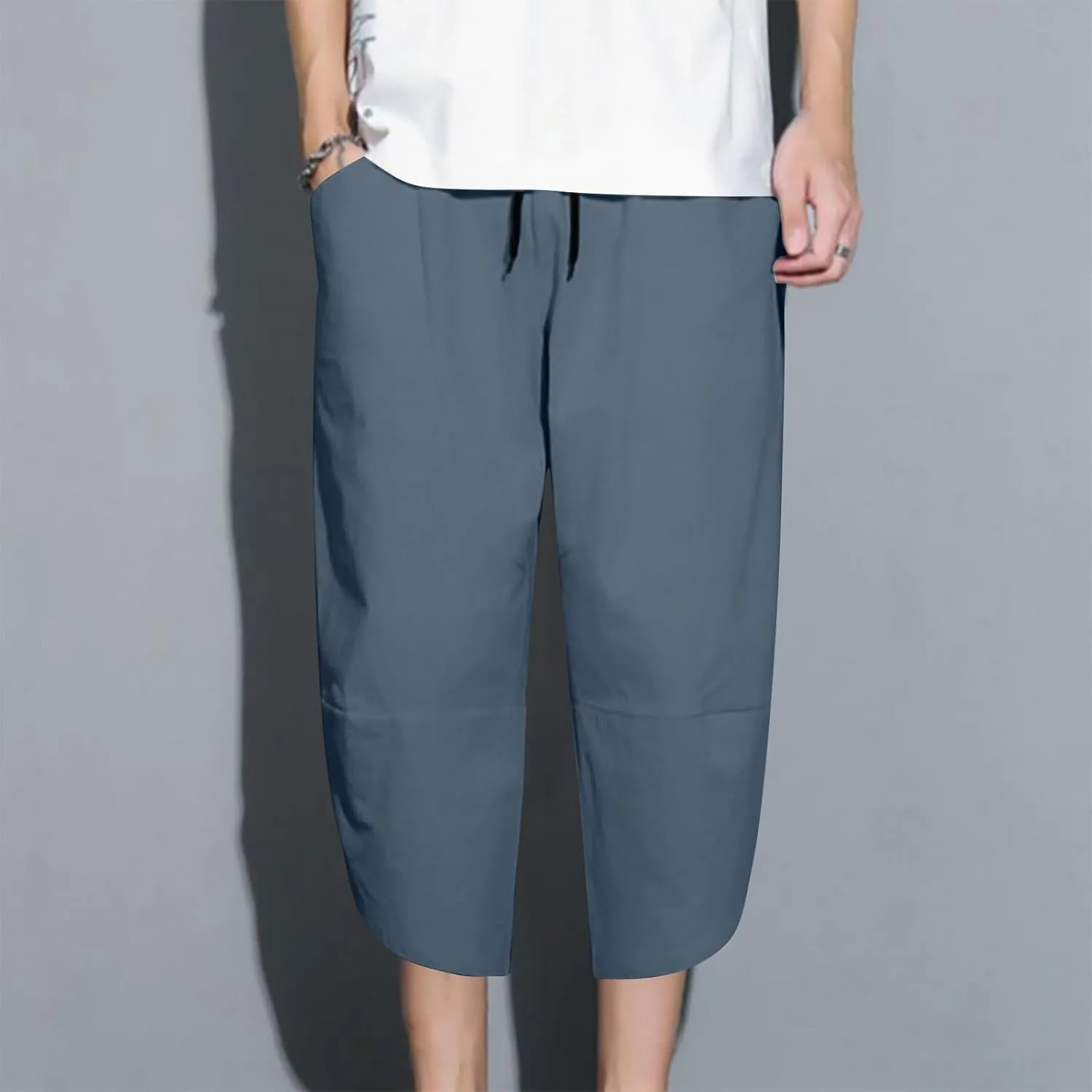 Mens Capri Pants with Pockets Harem Loose Fit Elastic Waist Wide Leg Pants Lightweight Yoga Beach Cropped for Summer