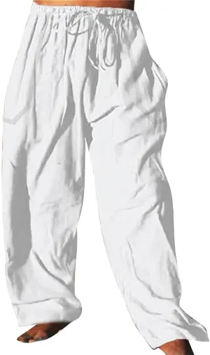 Mens Casual Cotton Linen Pleated Pants Elastic Waist Drawstrings Wide Leg Yoga Hippie Harem Pant Loose Fit Summer Trousers