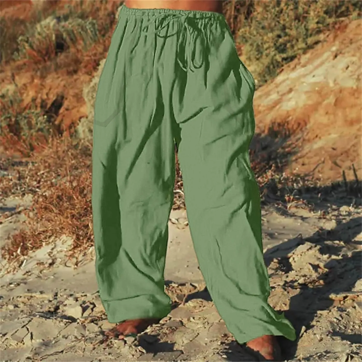 Mens Casual Cotton Linen Pleated Pants Elastic Waist Drawstrings Wide Leg Yoga Hippie Harem Pant Loose Fit Summer Trousers