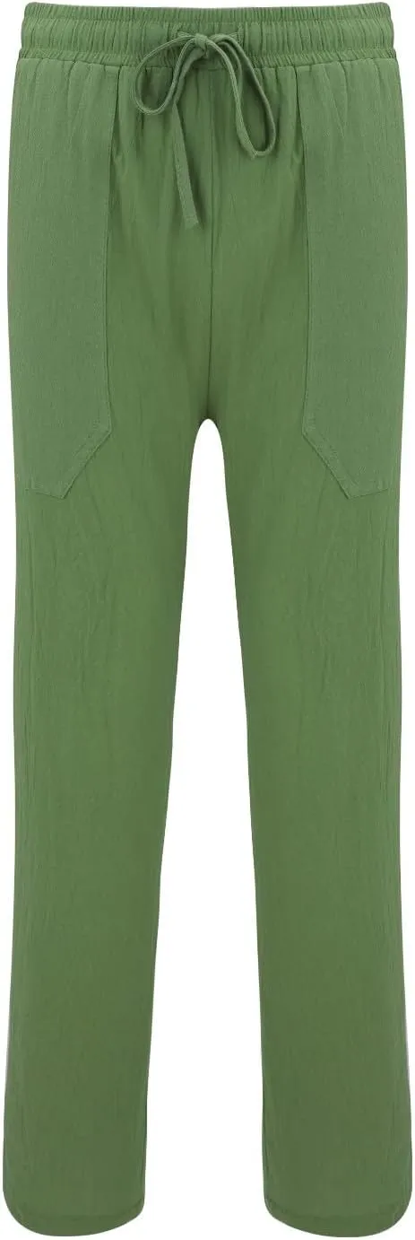 Mens Casual Cotton Linen Pleated Pants Elastic Waist Drawstrings Wide Leg Yoga Hippie Harem Pant Loose Fit Summer Trousers