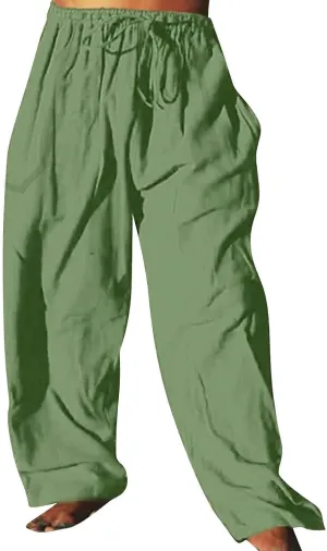Mens Casual Cotton Linen Pleated Pants Elastic Waist Drawstrings Wide Leg Yoga Hippie Harem Pant Loose Fit Summer Trousers