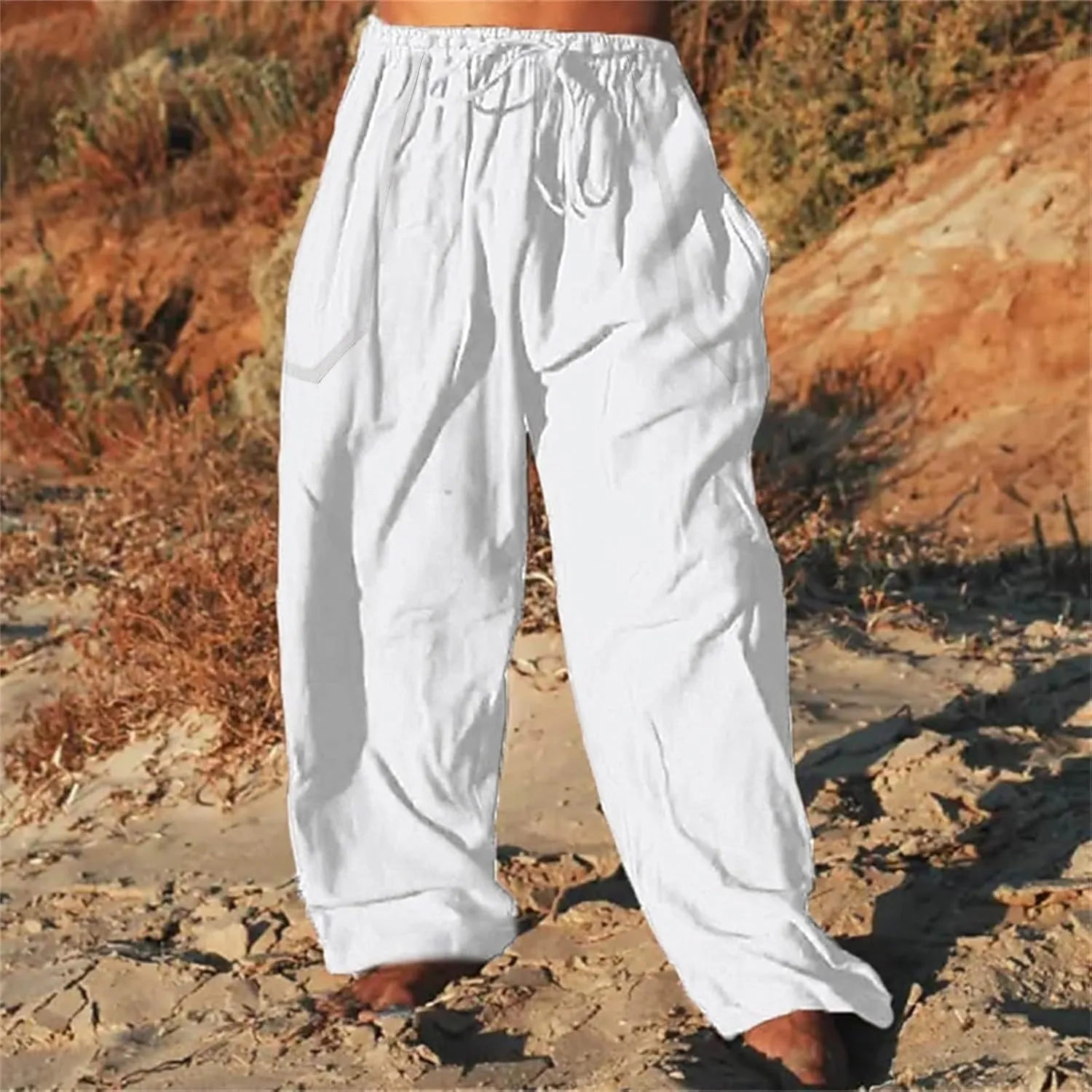 Mens Casual Cotton Linen Pleated Pants Elastic Waist Drawstrings Wide Leg Yoga Hippie Harem Pant Loose Fit Summer Trousers