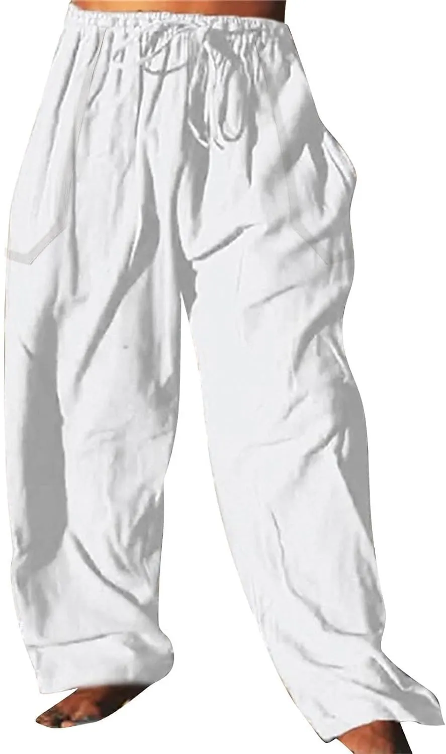 Mens Casual Cotton Linen Pleated Pants Elastic Waist Drawstrings Wide Leg Yoga Hippie Harem Pant Loose Fit Summer Trousers