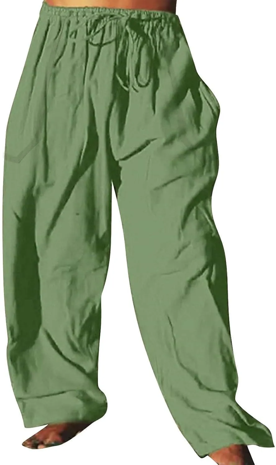 Mens Casual Cotton Linen Pleated Pants Elastic Waist Drawstrings Wide Leg Yoga Hippie Harem Pant Loose Fit Summer Trousers