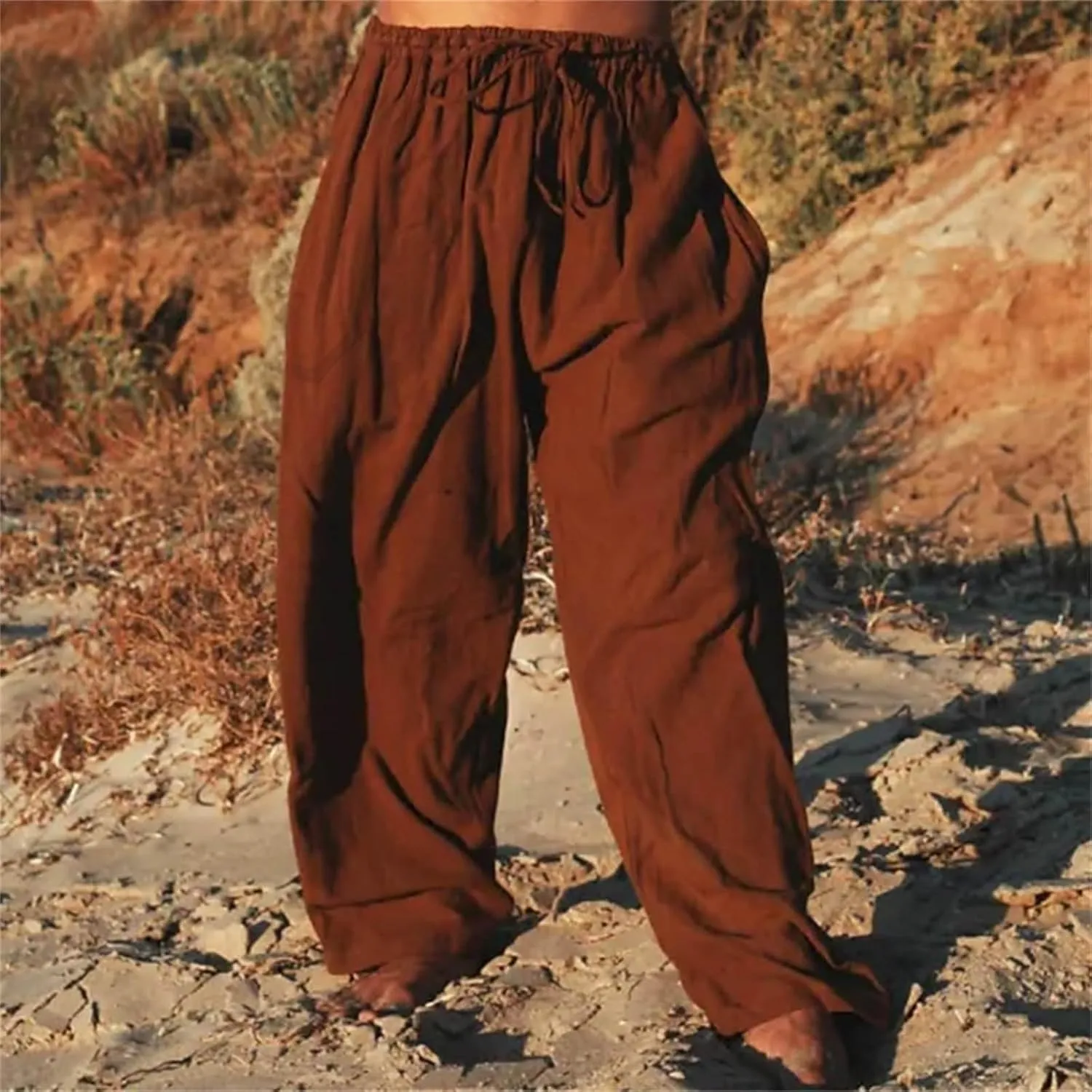 Mens Casual Cotton Linen Pleated Pants Elastic Waist Drawstrings Wide Leg Yoga Hippie Harem Pant Loose Fit Summer Trousers