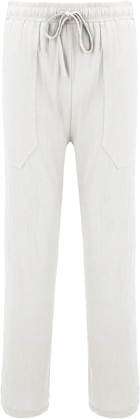 Mens Casual Cotton Linen Pleated Pants Elastic Waist Drawstrings Wide Leg Yoga Hippie Harem Pant Loose Fit Summer Trousers
