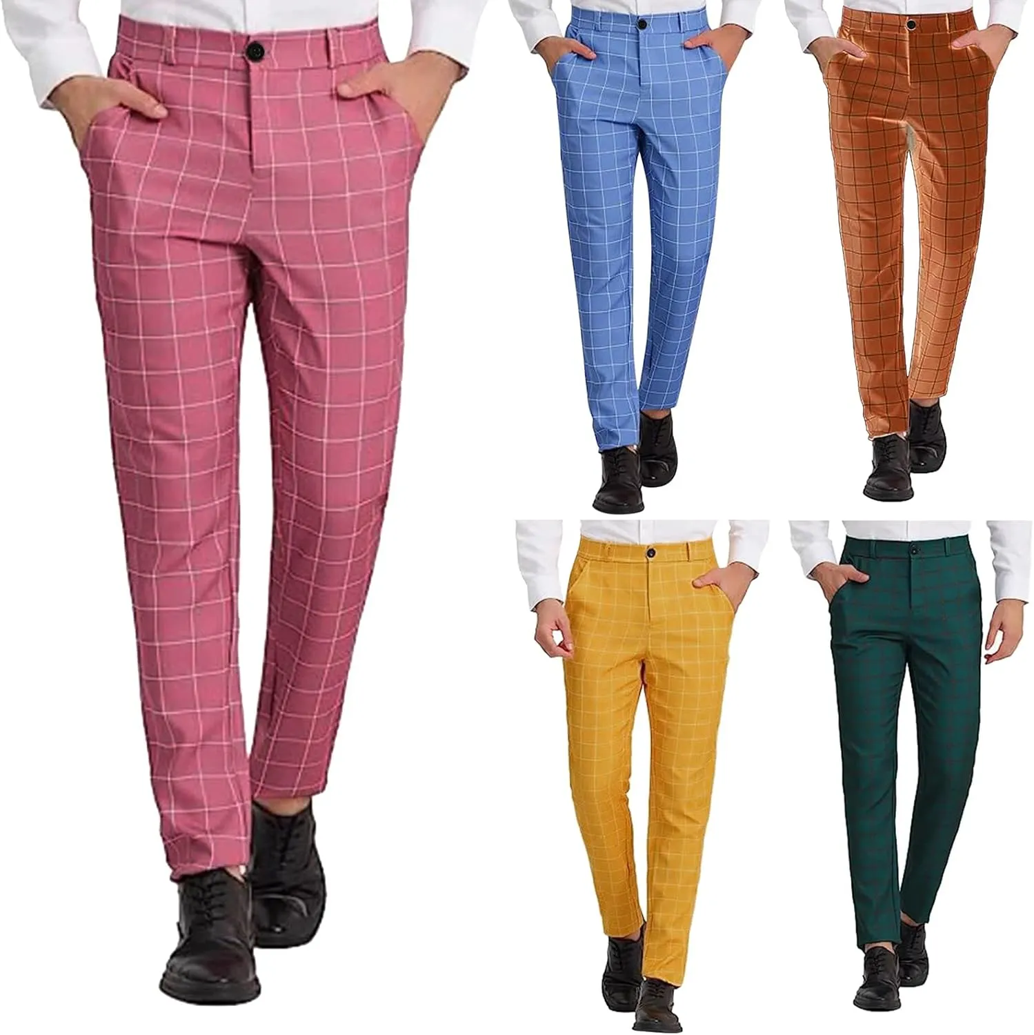 Mens Chinos Slim Fit Stretch Flat-Front Skinny Plaid Dress Pants Business Work Suit Tapered Pants Casual Golf Pants Trousers