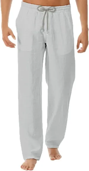 Mens Cotton Linen Drawstring Pant Loose Fit Straight Leg Casual Pants for Men Classic Elastic Solid Beach Resort Trousers