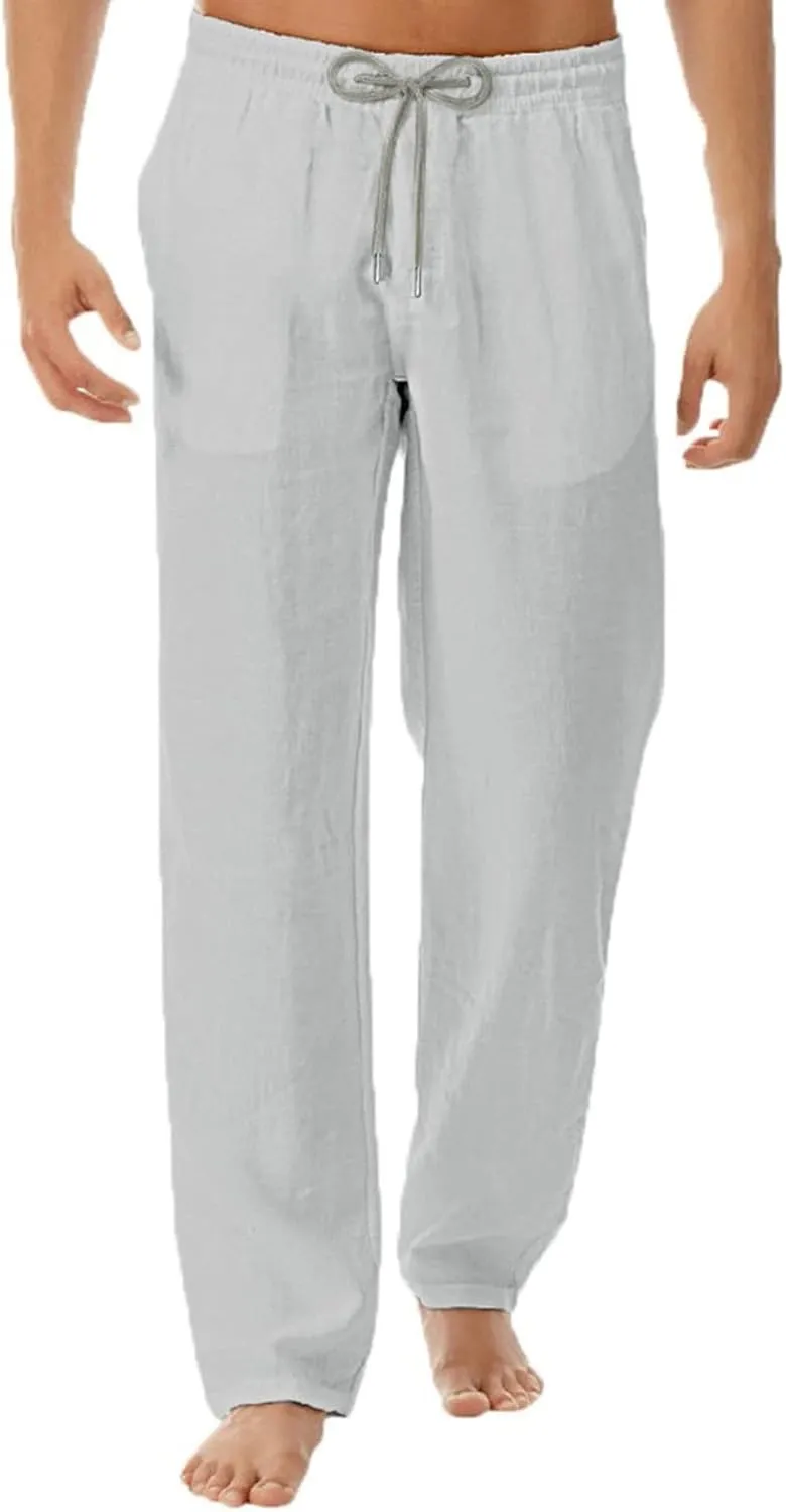 Mens Cotton Linen Drawstring Pant Loose Fit Straight Leg Casual Pants for Men Classic Elastic Solid Beach Resort Trousers