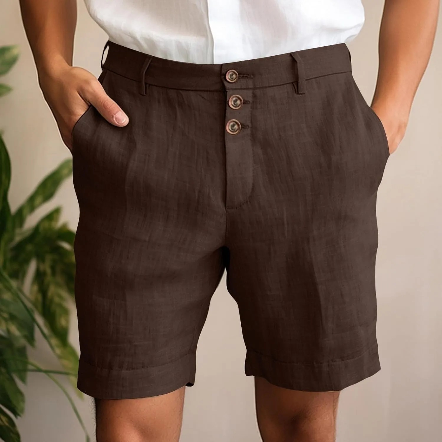 Mens Cotton Linen Flat Front Shorts Business Casual Dress Pants Button Up Closure Elastic Waist Summer Beach Slim Fit Shorts