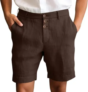 Mens Cotton Linen Flat Front Shorts Business Casual Dress Pants Button Up Closure Elastic Waist Summer Beach Slim Fit Shorts