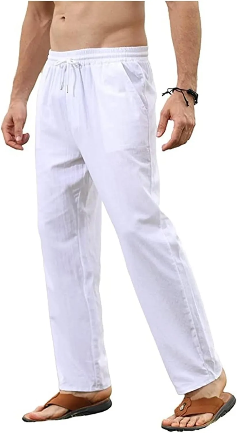Men's Cotton Linen Trousers Slim Fit Drawstring Pants Baggy Simple Thin Trousers Summer Comfy Pants with Pockets