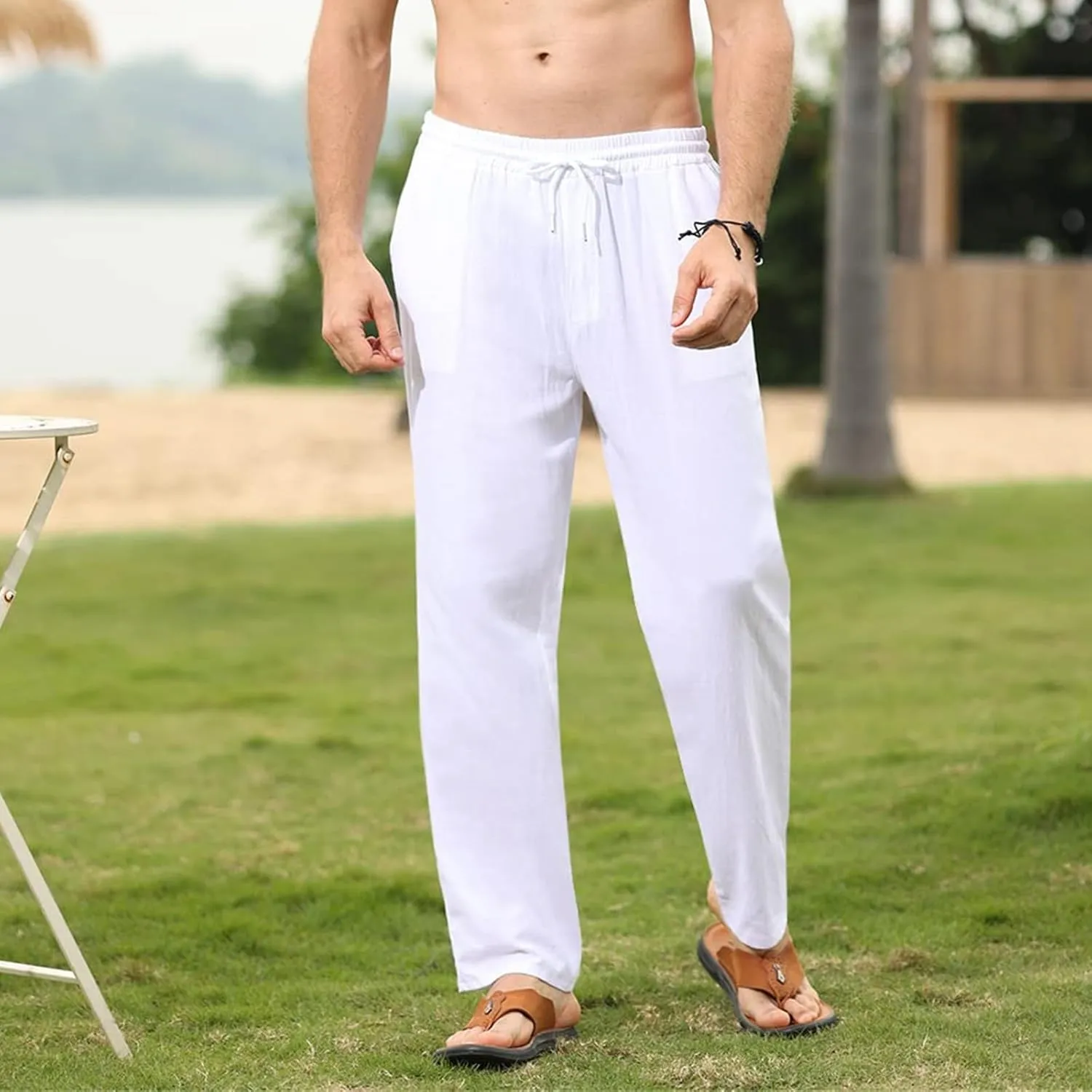 Men's Cotton Linen Trousers Slim Fit Drawstring Pants Baggy Simple Thin Trousers Summer Comfy Pants with Pockets