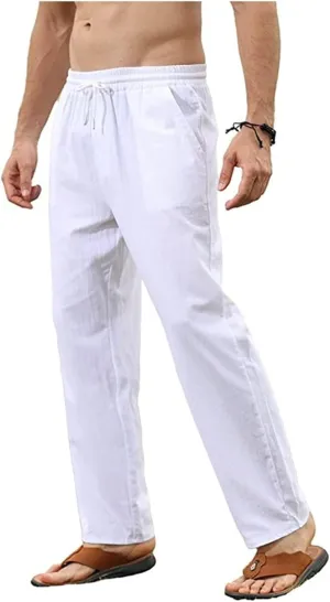 Men's Cotton Linen Trousers Slim Fit Drawstring Pants Baggy Simple Thin Trousers Summer Comfy Pants with Pockets