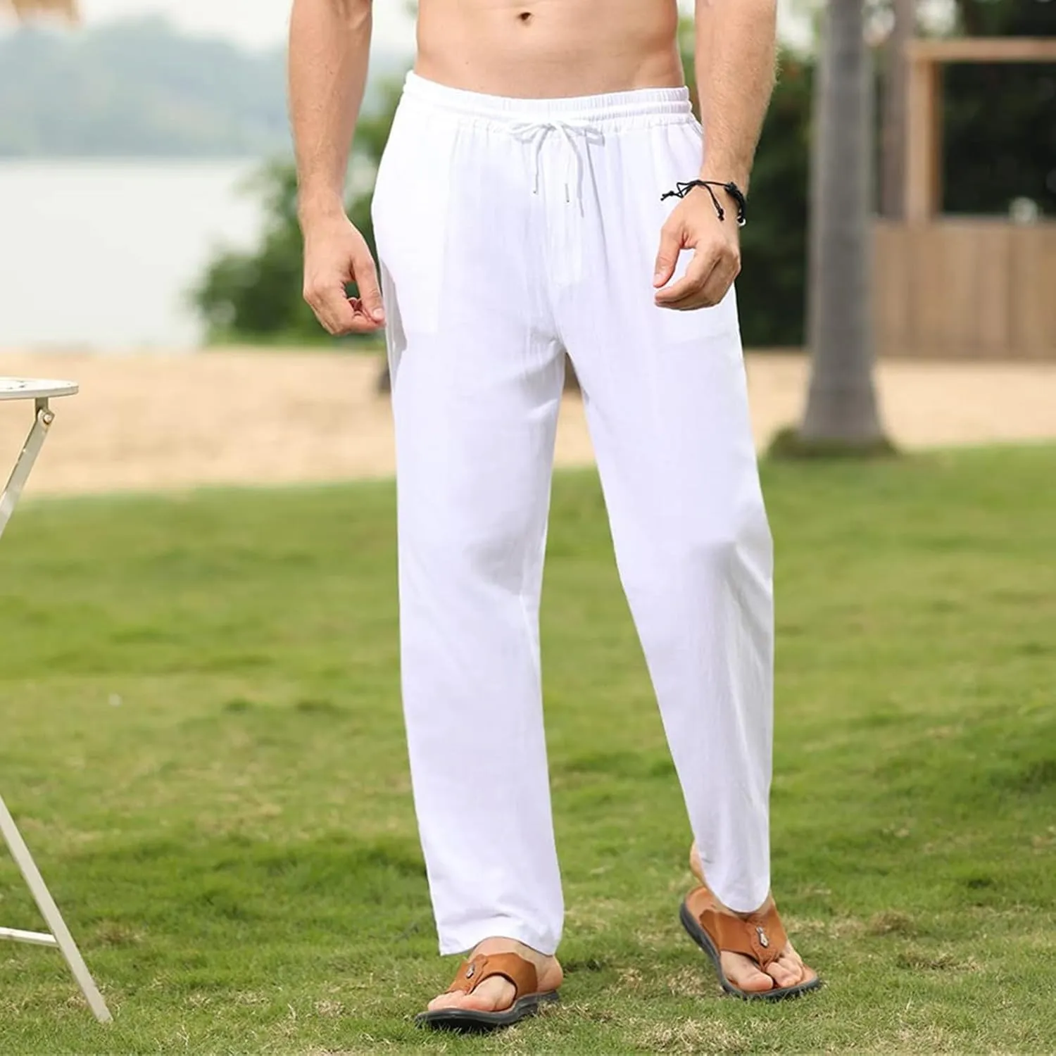 Men's Cotton Linen Trousers Slim Fit Drawstring Pants Baggy Simple Thin Trousers Summer Comfy Pants with Pockets