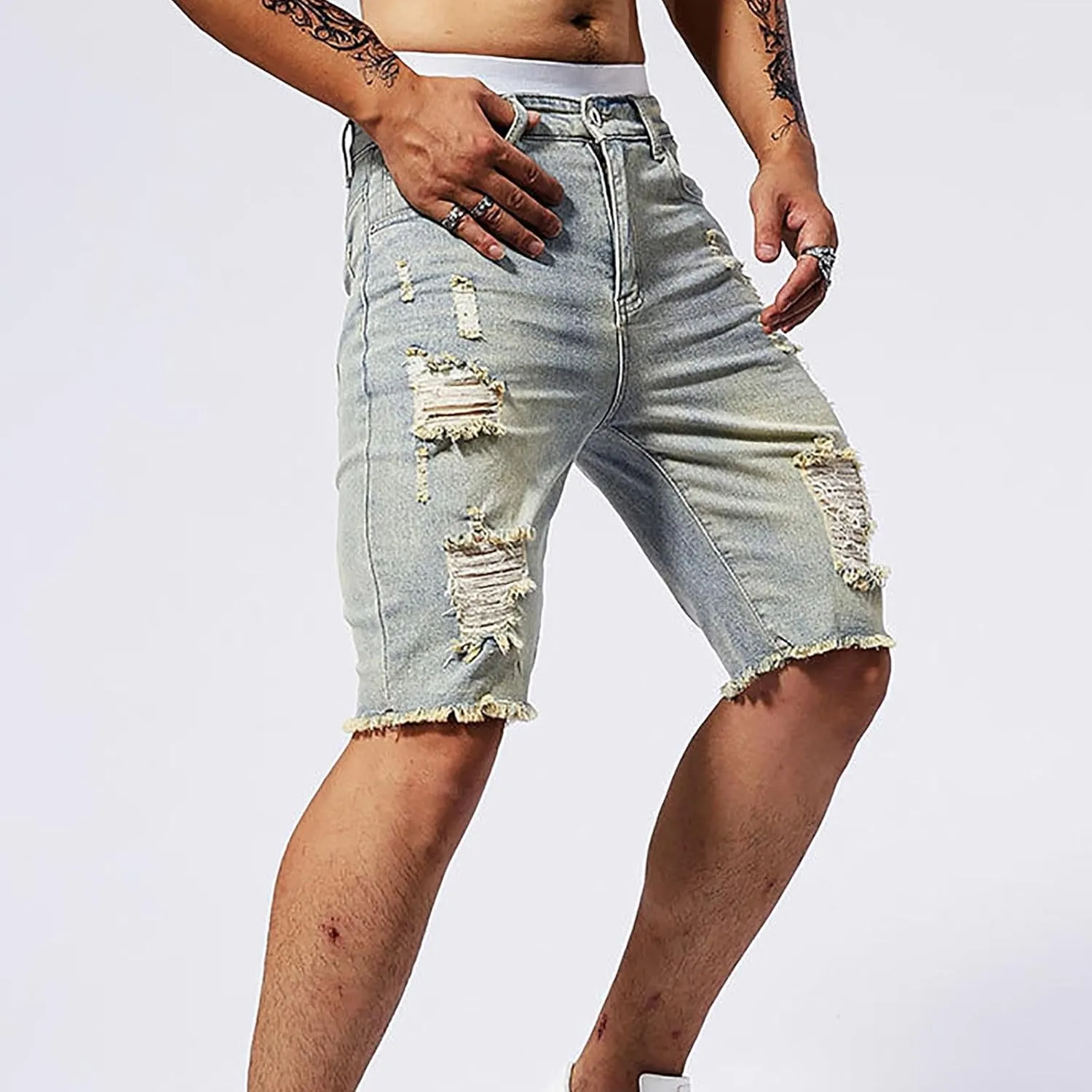 Mens Demin Shorts Casual Raw Trim Slim Fit Ripped Distressed Jean Shorts Y2K Hip Hop Fashion Grunge Denim Bottom