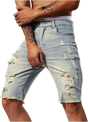 Mens Demin Shorts Casual Raw Trim Slim Fit Ripped Distressed Jean Shorts Y2K Hip Hop Fashion Grunge Denim Bottom