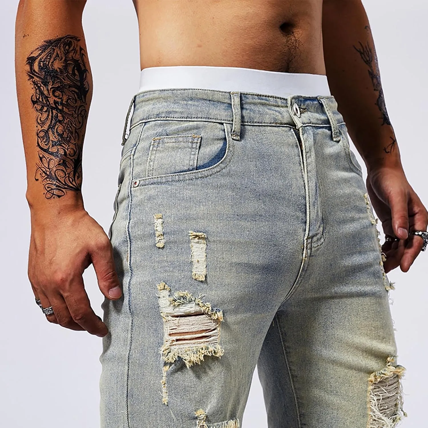 Mens Demin Shorts Casual Raw Trim Slim Fit Ripped Distressed Jean Shorts Y2K Hip Hop Fashion Grunge Denim Bottom