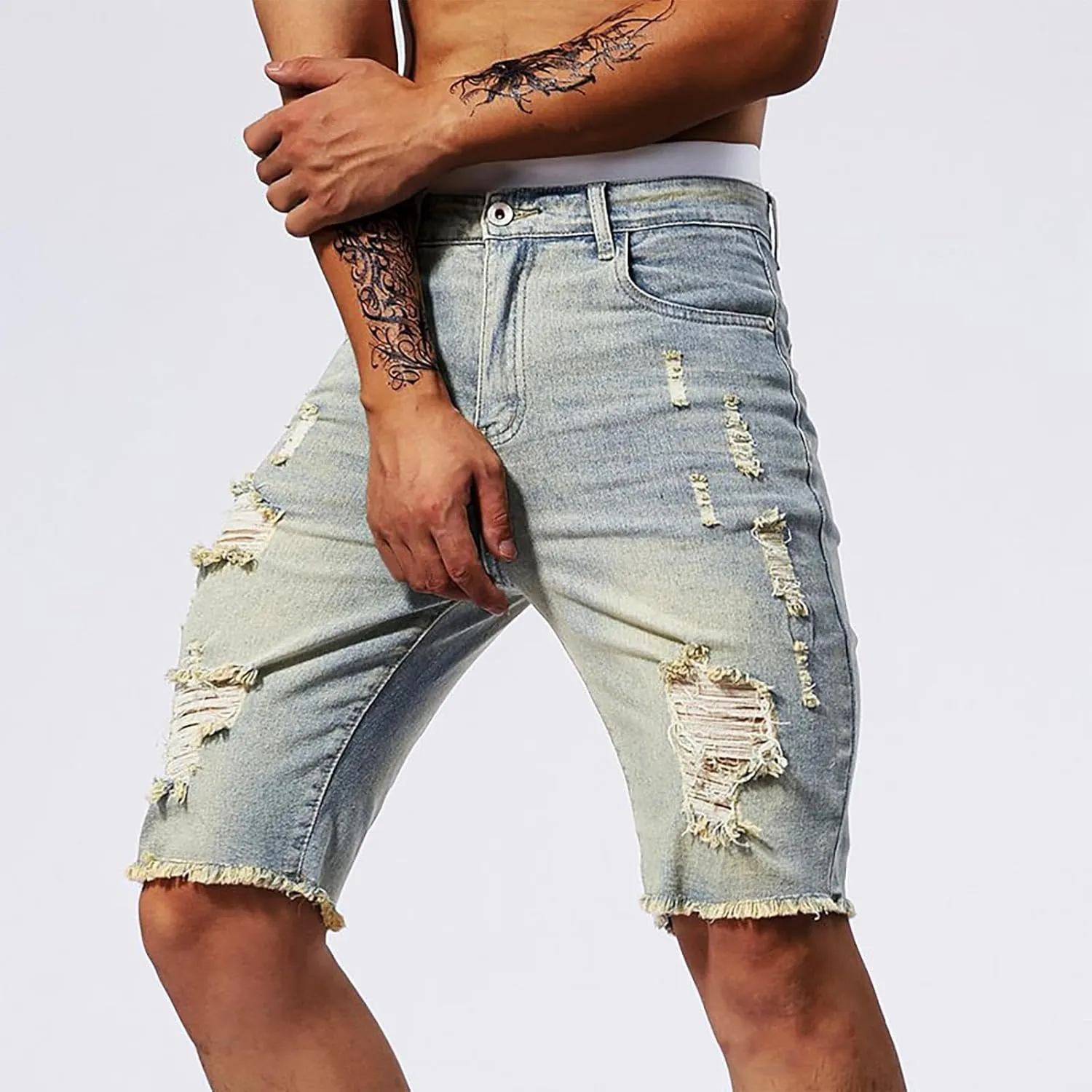 Mens Demin Shorts Casual Raw Trim Slim Fit Ripped Distressed Jean Shorts Y2K Hip Hop Fashion Grunge Denim Bottom